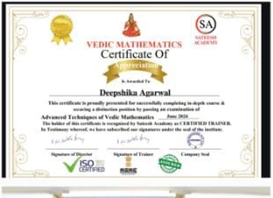 Vedic Mathematics Certificate of Appreciation awarded to Deepshika Agarwal